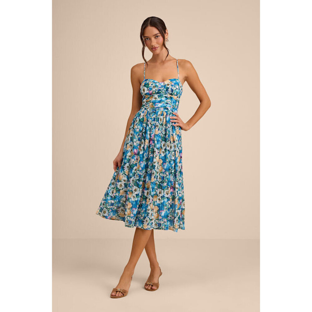 Lulus Aleyna Blue Multi Abstract Pleated Lace-up Bustier Midi Dress - Size L
